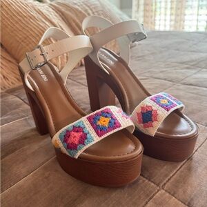 Gianni Bini White and Brown Crochet Heels